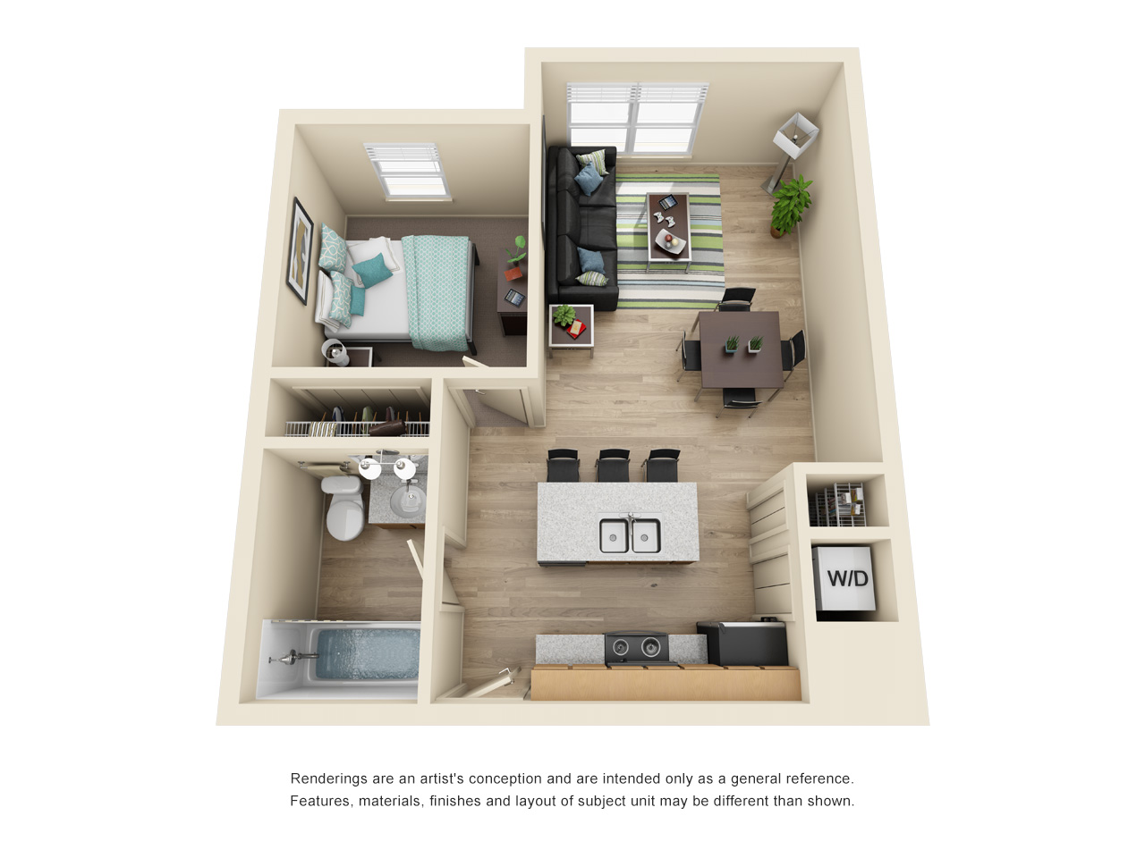 aerial view of a one bedroom floor plan layout at burnham 310 apartments
