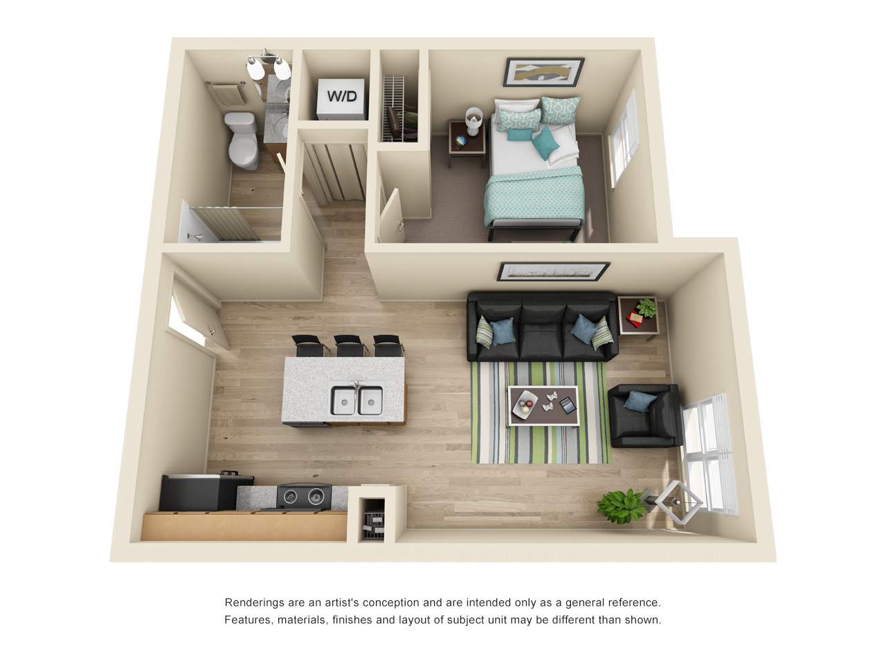 example one bedroom floor plan layout at burnham 310 apartments