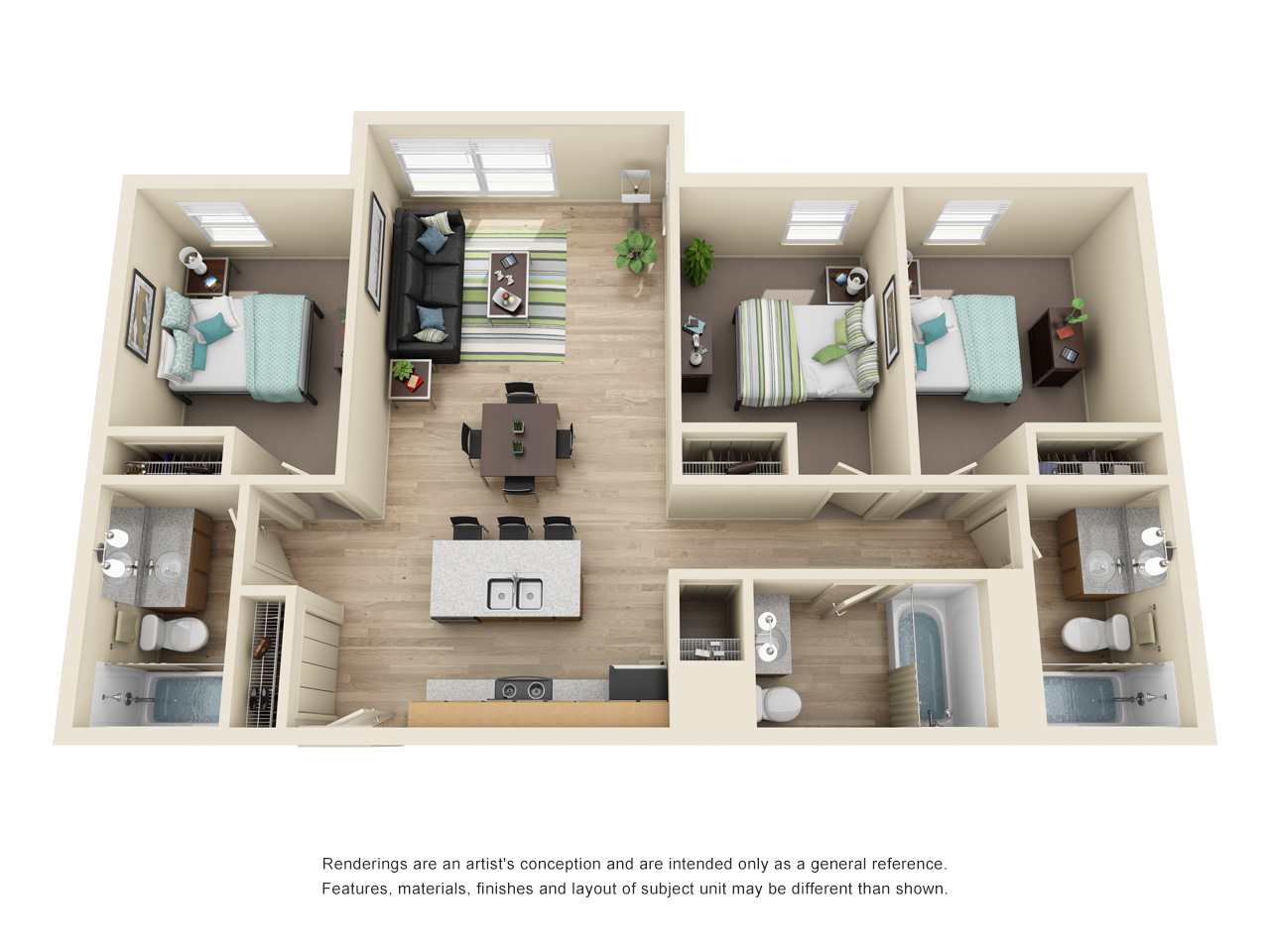 three bedroom floor plan layout at burnham 310 apartments